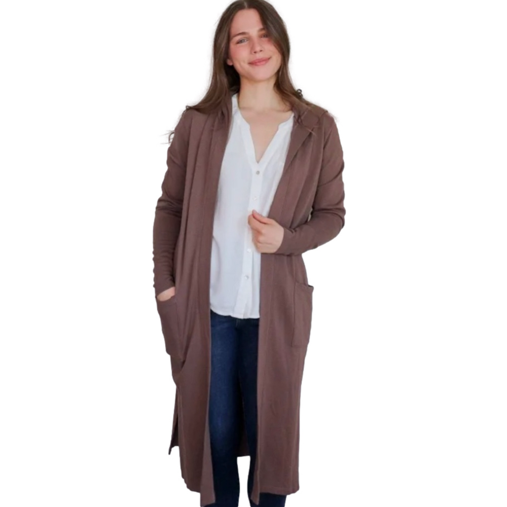 Bobi  Cardigan Duster In Color Bistro Pockets, Hood, Midi Length,  Size XS NWT